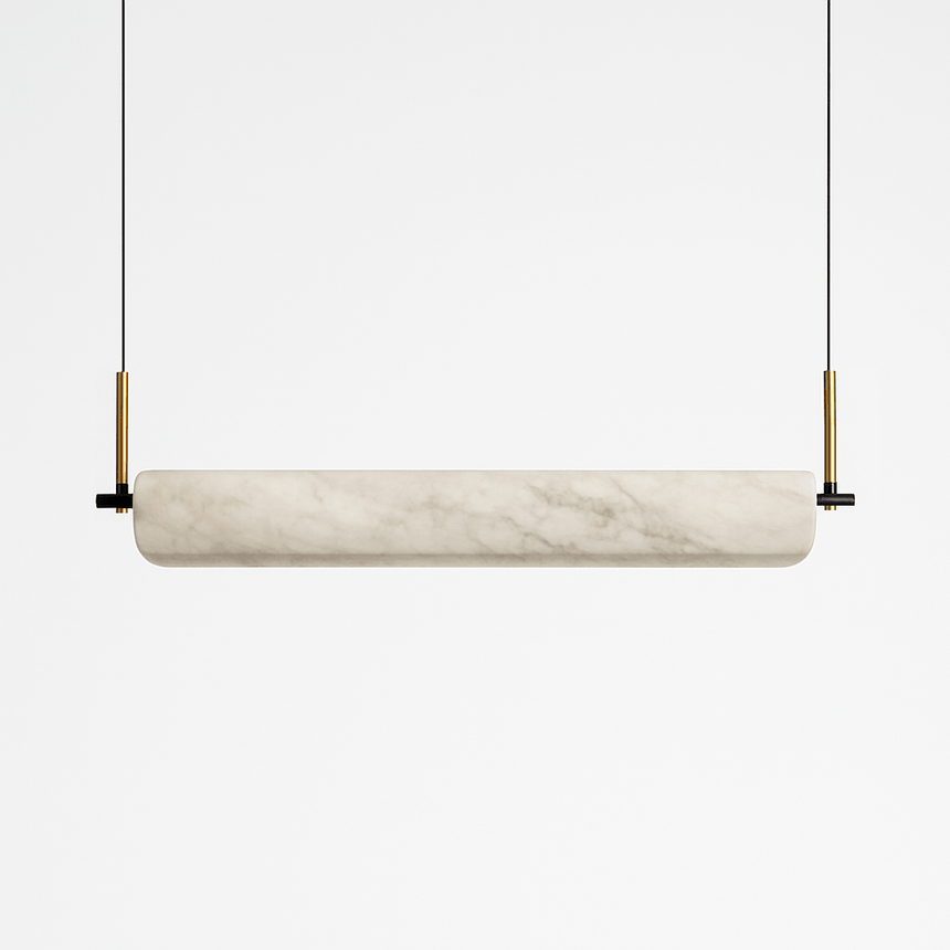 A single rounded alabaster bar held at each end by copper pins on cables