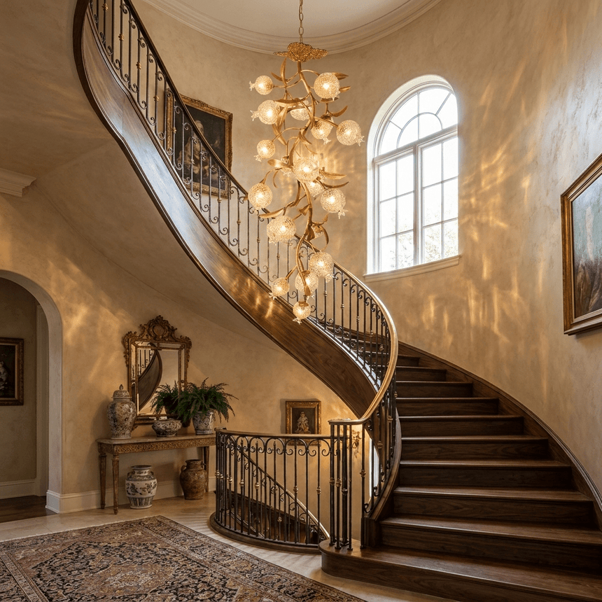 Brass branch chandelier beside a staircase under arched windows