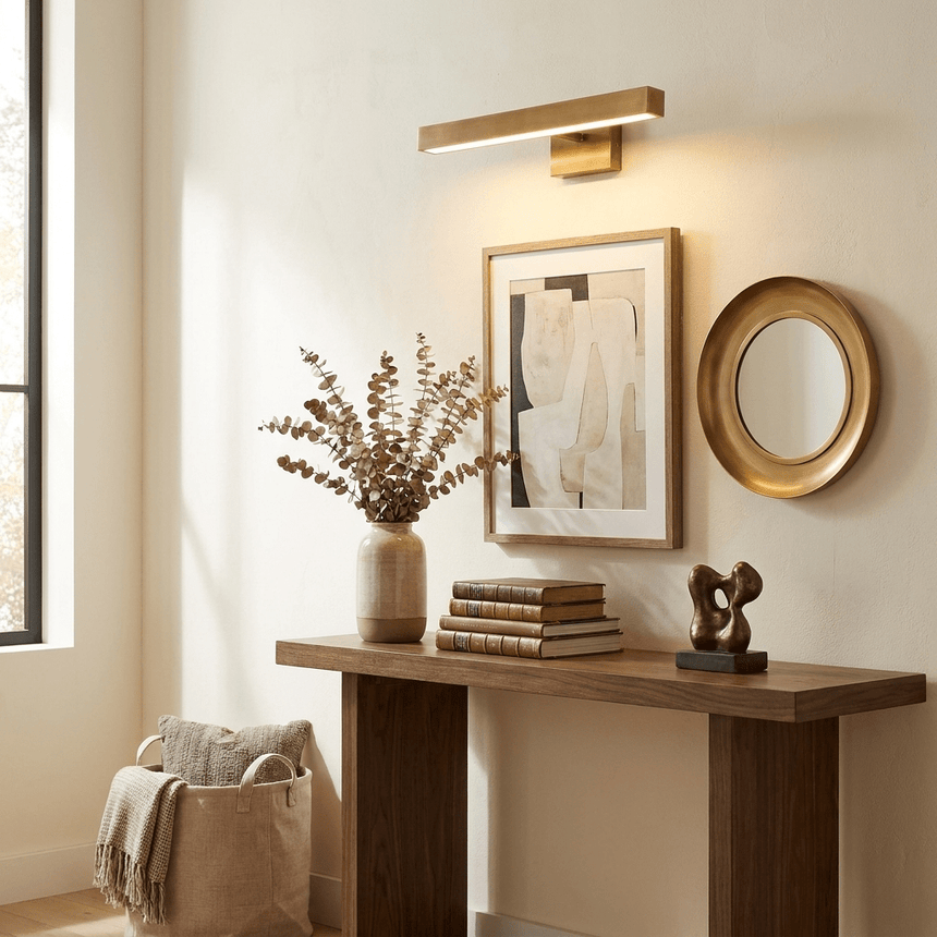 Brass bar lit above a framed print and a round mirror over a walnut console