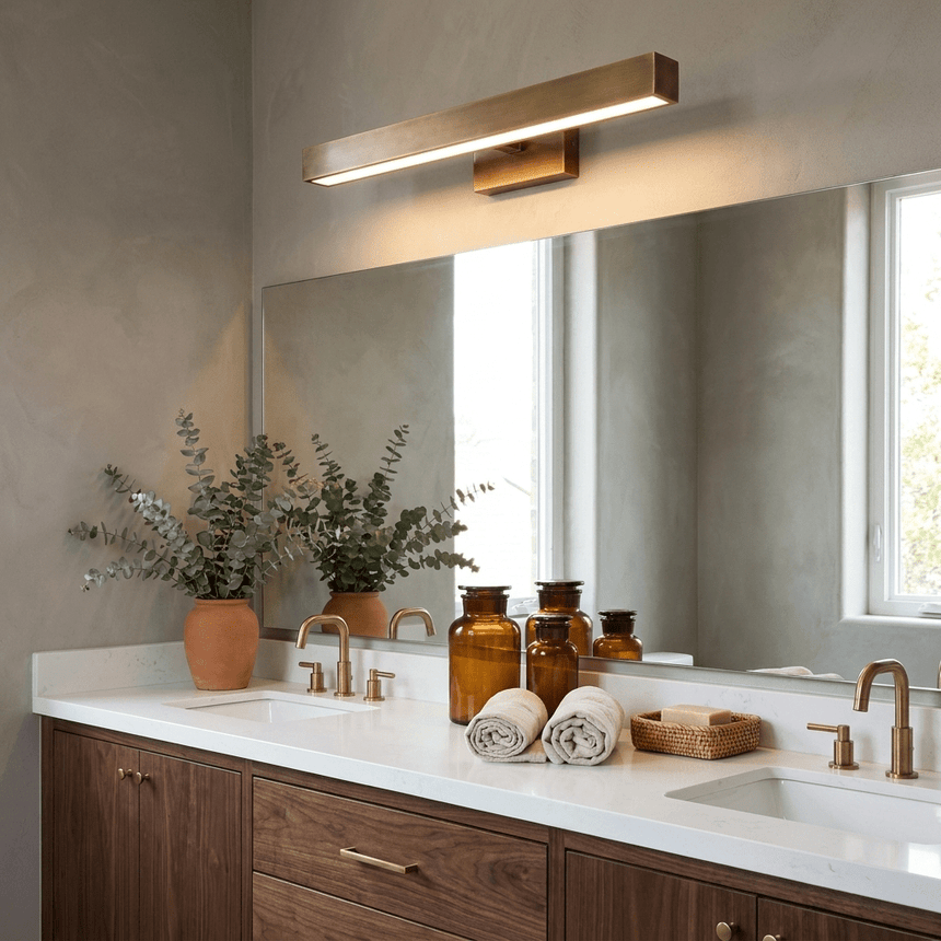 Brass bar lit along a long mirror over a stone counter with jars and a plant