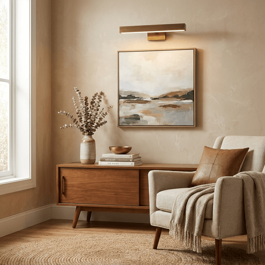 Brass bar lit above a framed canvas on a walnut sideboard beside an armchair