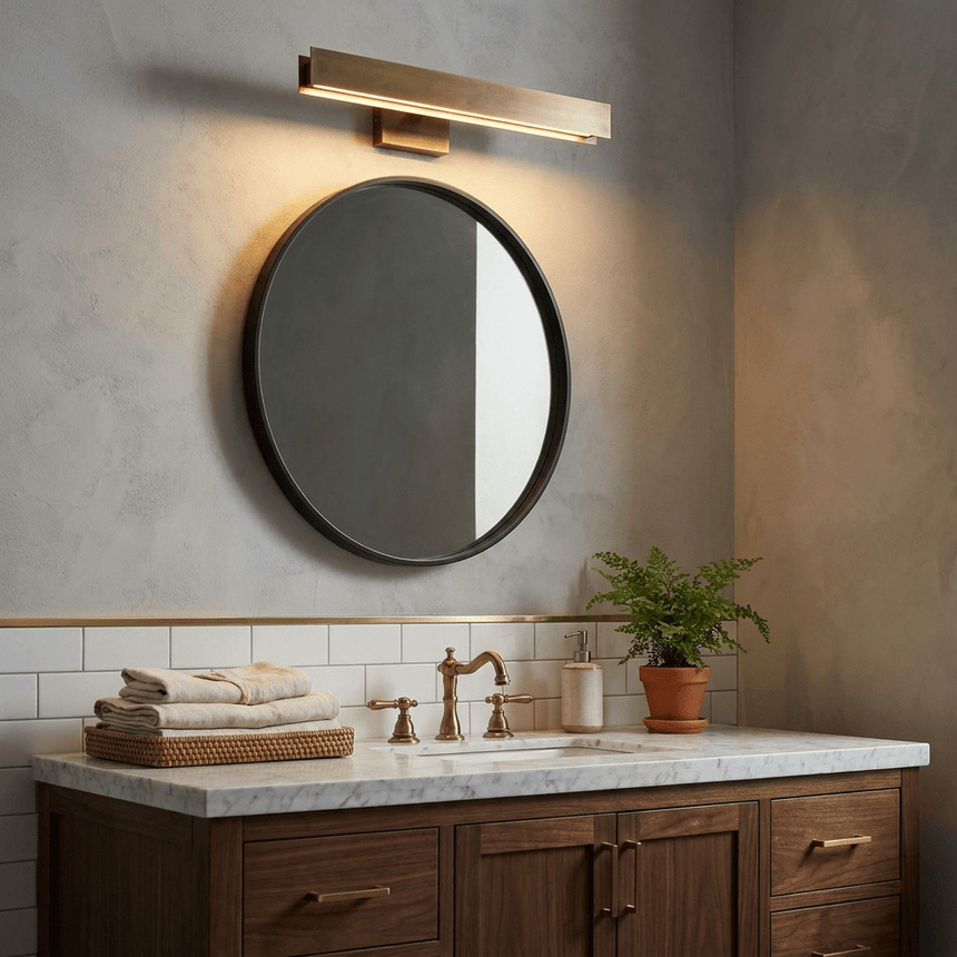 Brass bar lit above a round black mirror over a marble basin and folded towels