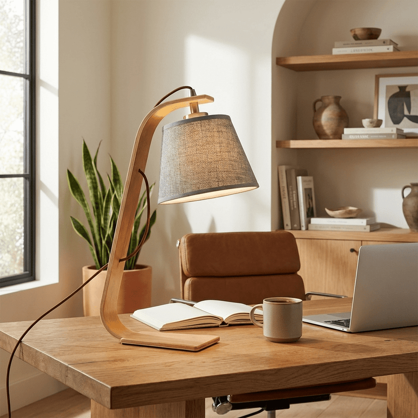 Arc lamp lit on a desk beside an open book and a laptop