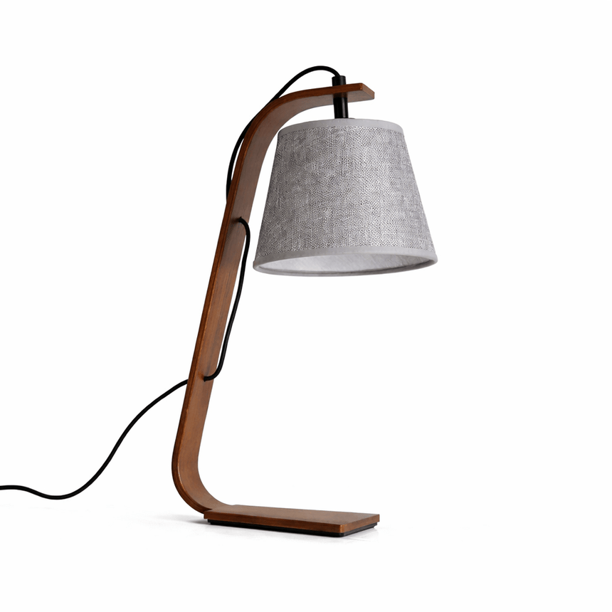 Bentwood arc lamp in walnut with a gray shade on a plain ground