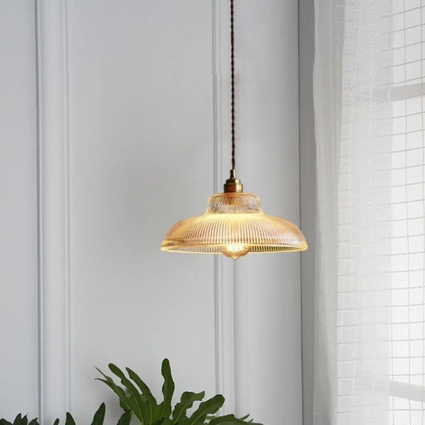 Amber shade lit beside a window with potted plants on the floor below