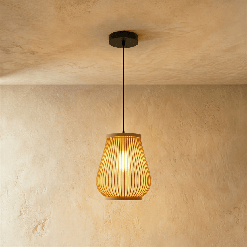 The smallest bamboo shade, tapered and ribbed, on a plain black cord