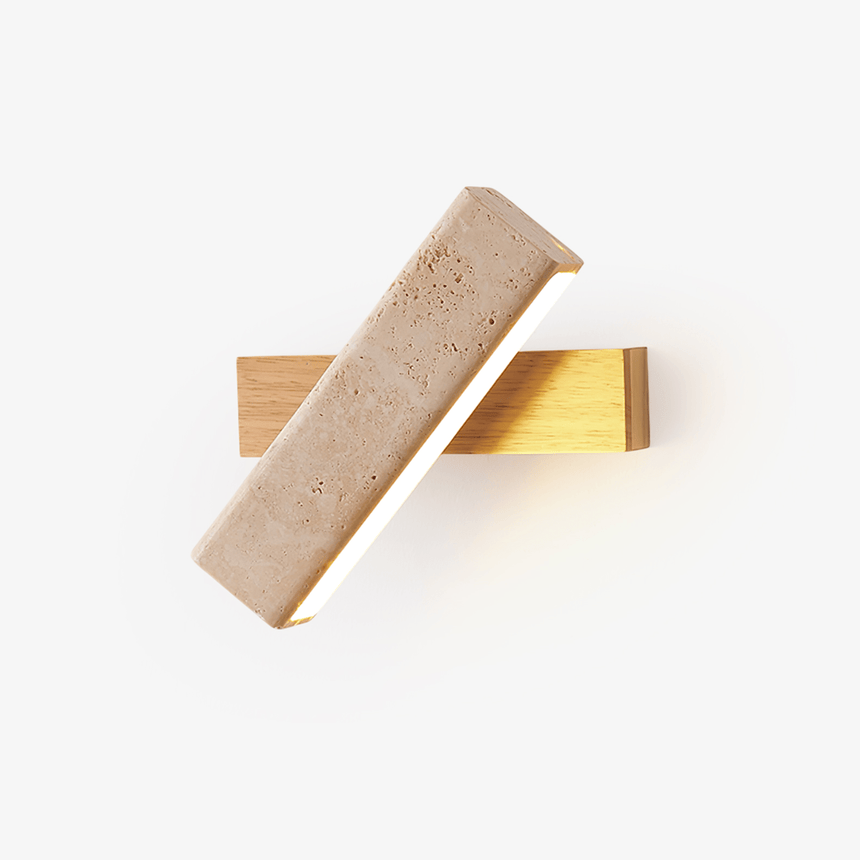 Bar wall sconce, a travertine bar crossed over a pale wood bar on the wall