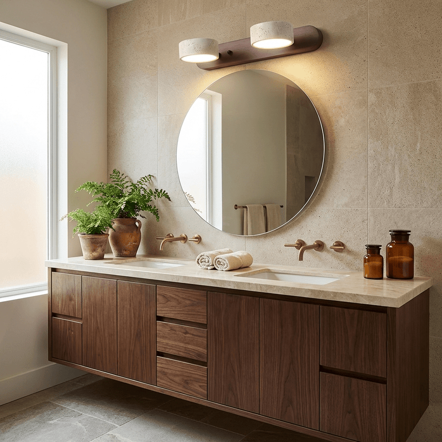 Dark walnut bar lit above a round mirror over a wide double vanity