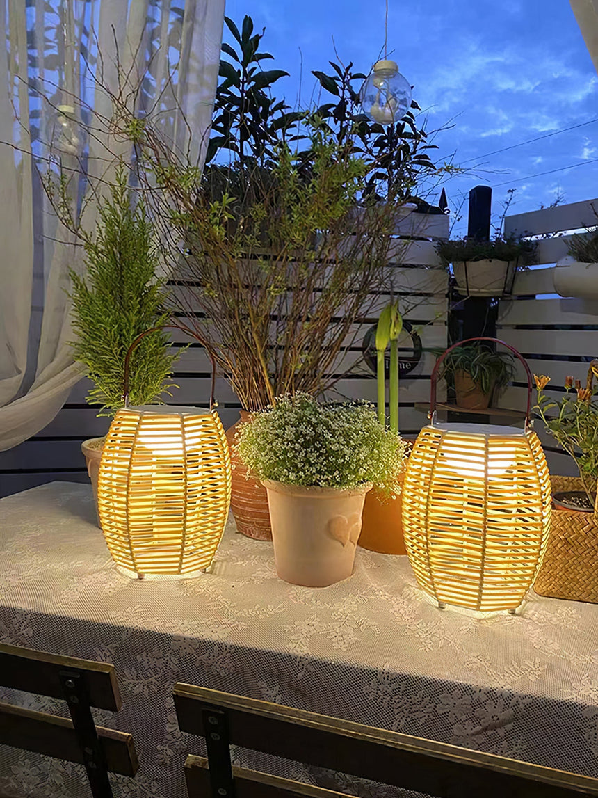 Two lit on a bench beside potted grasses against an evening sky