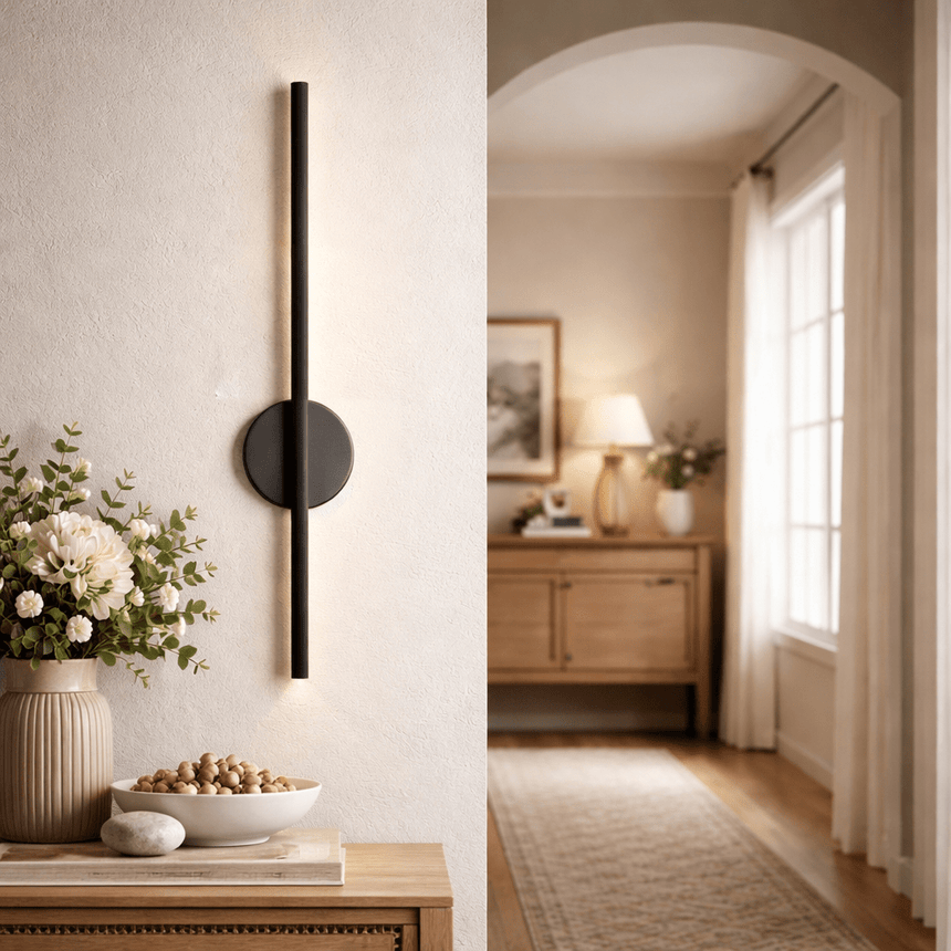Lit above a console with flowers and a bowl, a hallway and window behind