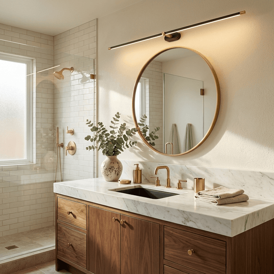 Slim rod lit above a round mirror over a stone basin with a plant and a tap