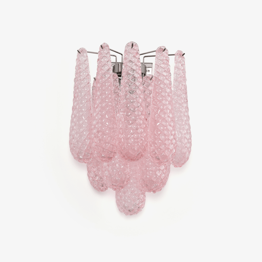 Wall sconce of layered pink textured glass petals falling in three tiers
