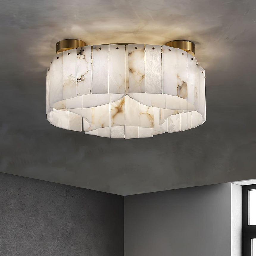 Alabaster panel ceiling light lit against a dark plaster ceiling