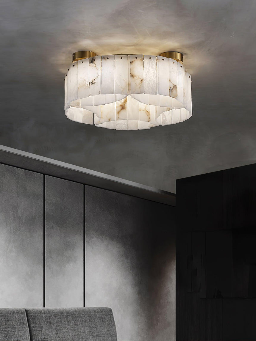 Alabaster panel ceiling light in a dark room with a glazed partition