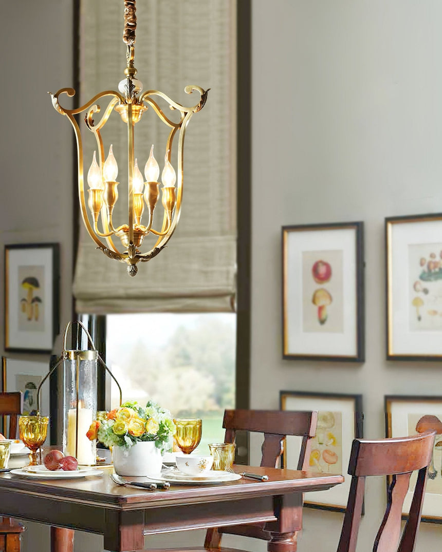 Hung in a breakfast room over a wood table and chairs beside a shuttered window