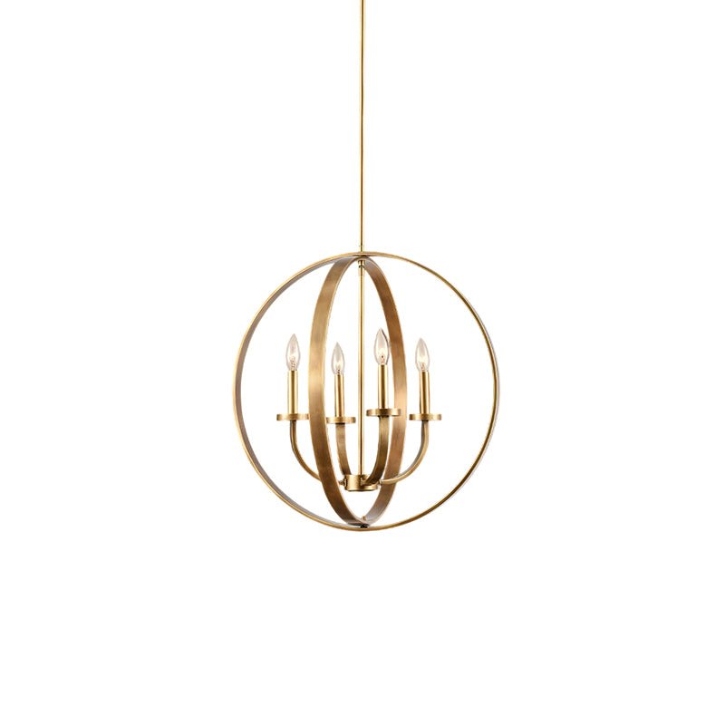 The round orb version, a brass sphere of rings around four candle lamps