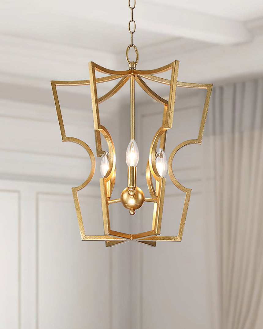 The scalloped frame lit in a pale room with a coffered ceiling and a curtain