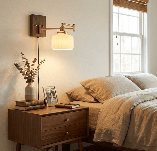 Plug in sconce lit above a nightstand beside a bed with linen bedding