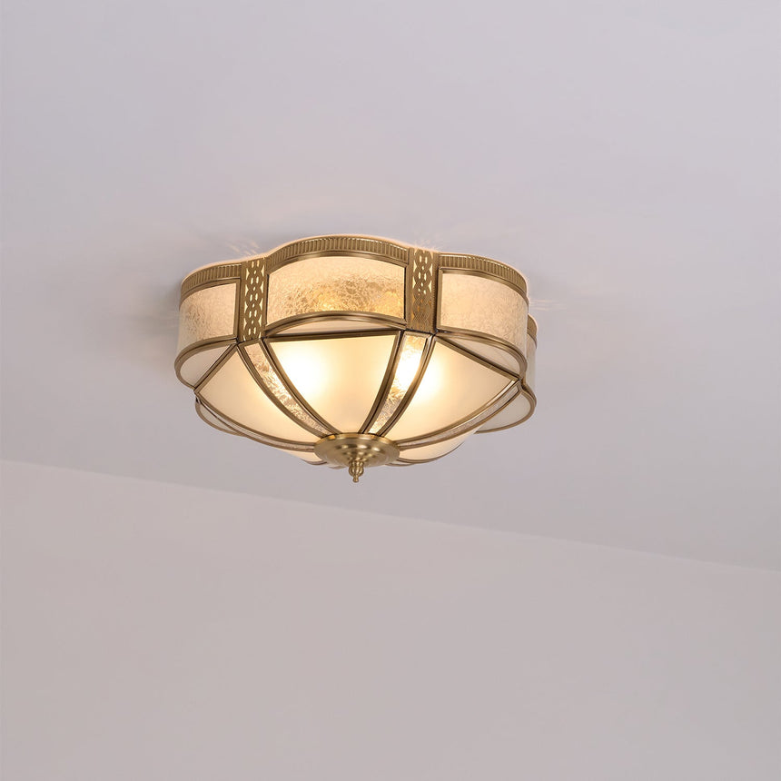 Low profile model of the brass and milk glass ceiling light on a pale backdrop