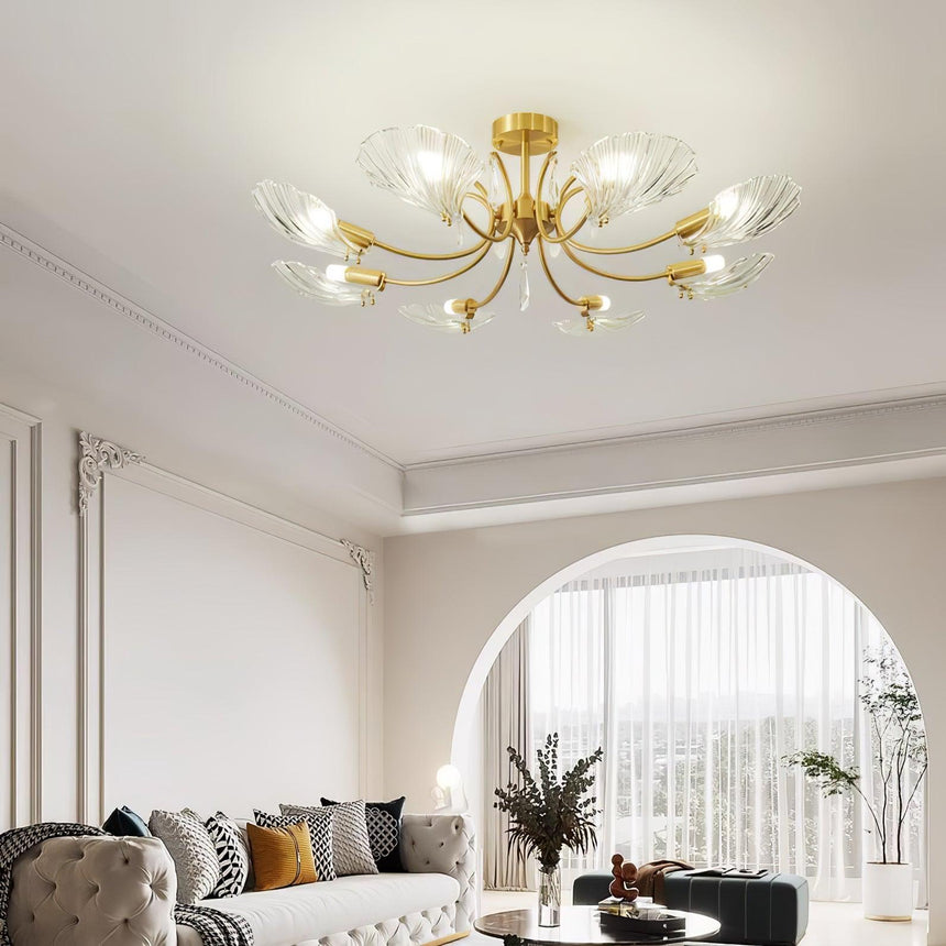 Shell shade ceiling light in a living room with an arched doorway