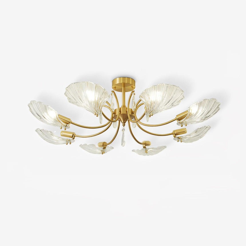 Eight light version of the shell shade ceiling light on a white backdrop