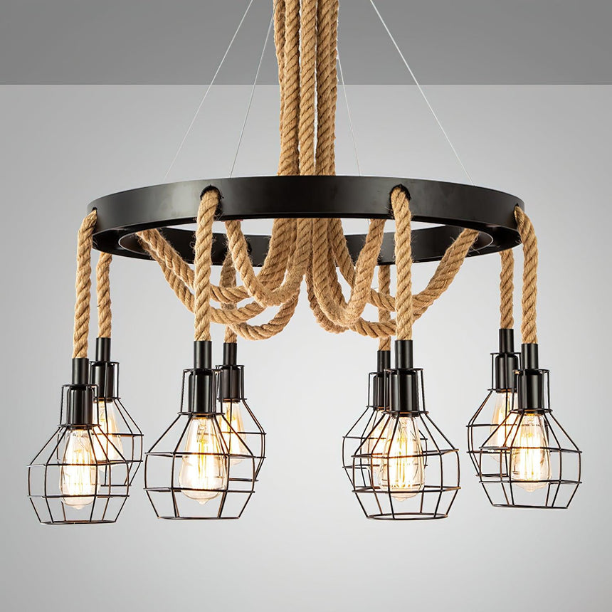 The eight light build lit warm with cages ringed under the frame