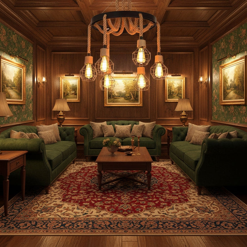 The cages lit in a wood lined room above a sofa and a patterned rug