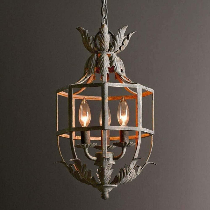 The cage lit warm against a dark wall, leaf crown and base showing