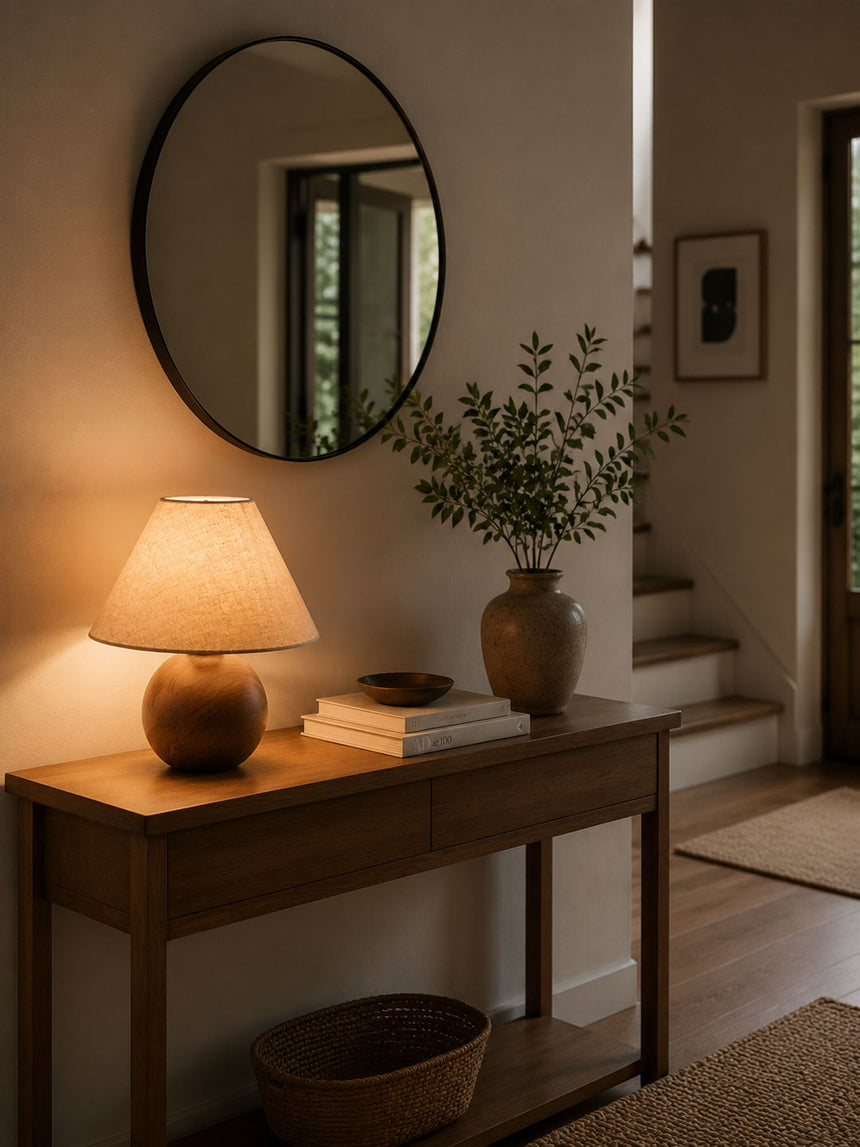 Ceramic bedside lamp lit on a hall table below a round mirror