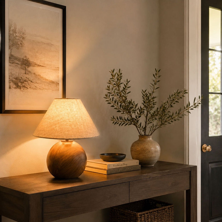Ceramic bedside lamp lit on a console beside a vase of olive branches