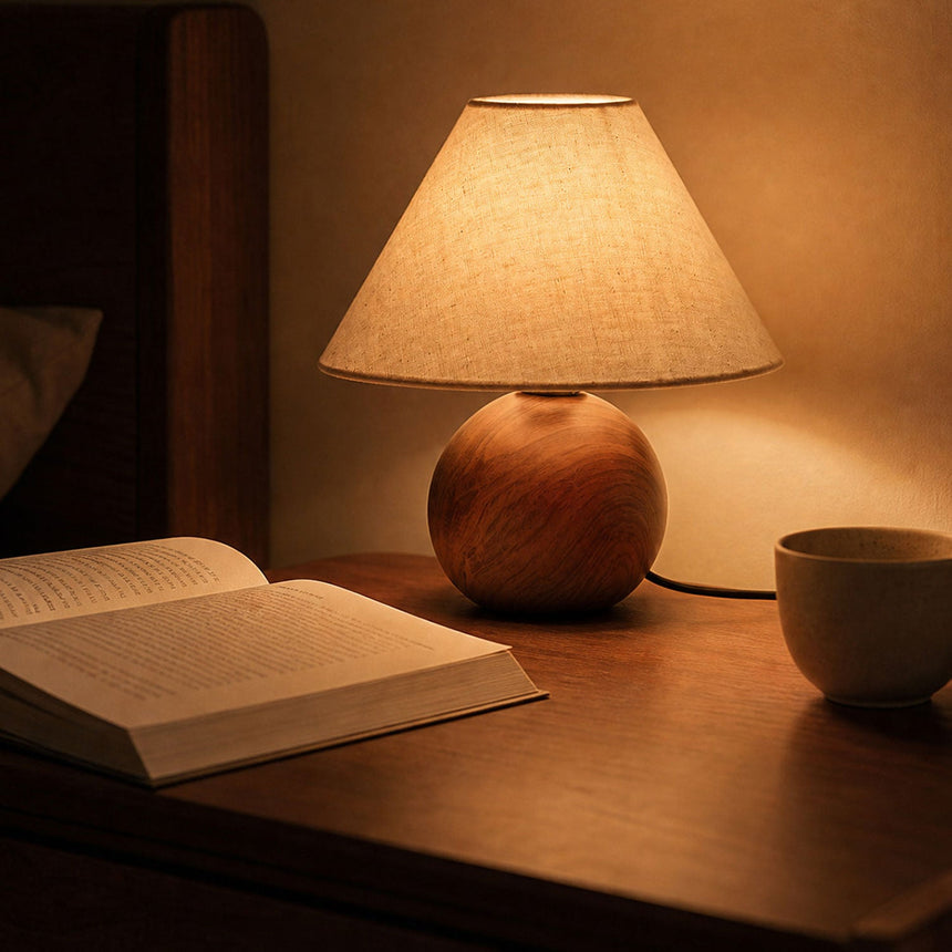Ceramic bedside lamp lit on a wooden desk beside a book and a mug
