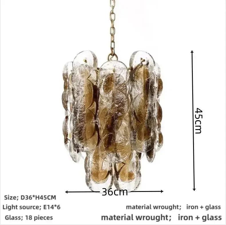 The 36 cm version drawn with 18 glass pieces and six E14 lamps marked