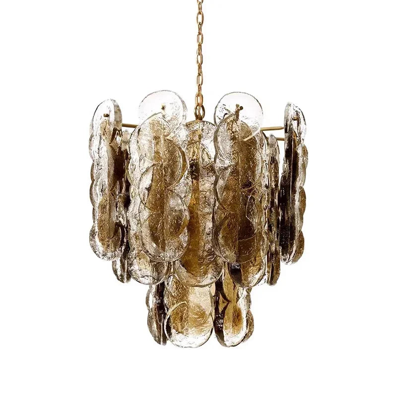 The two tier version lit above a sideboard showing its stacked rows of glass petals