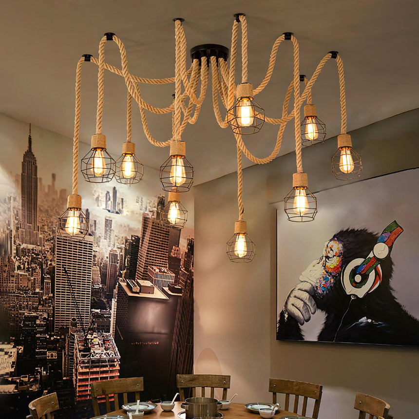 Lit in a room with a painted mural wall, wood tables and chairs