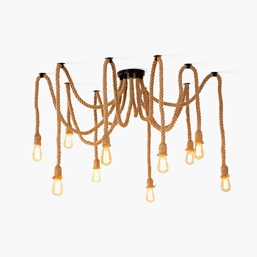 Ten hemp rope arms curving out of a black canopy, each carrying a filament lamp