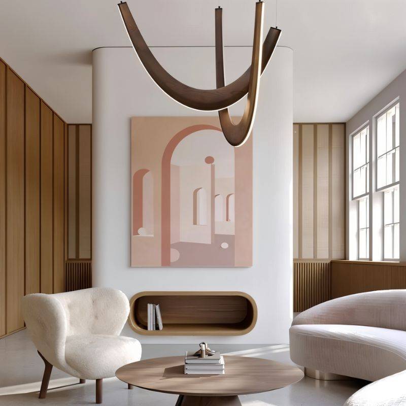 The dark arcs lit in a living room above a round coffee table, armchair and framed artwork