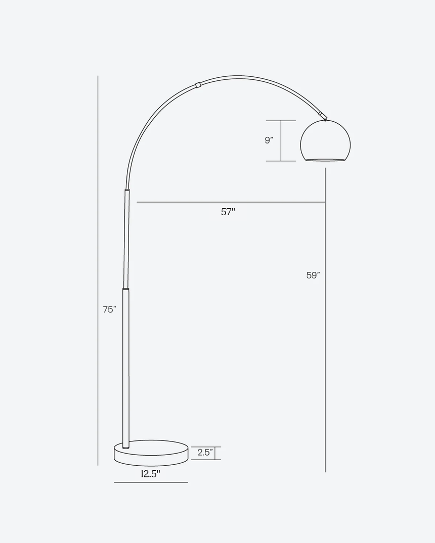 Dimension drawing giving 75 inches of height, a 57 inch reach and a 12.5 inch base