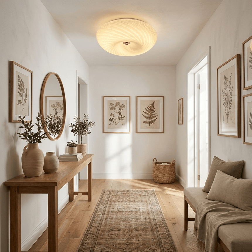 Swirled glass ceiling light in a hallway with an arched mirror and a console
