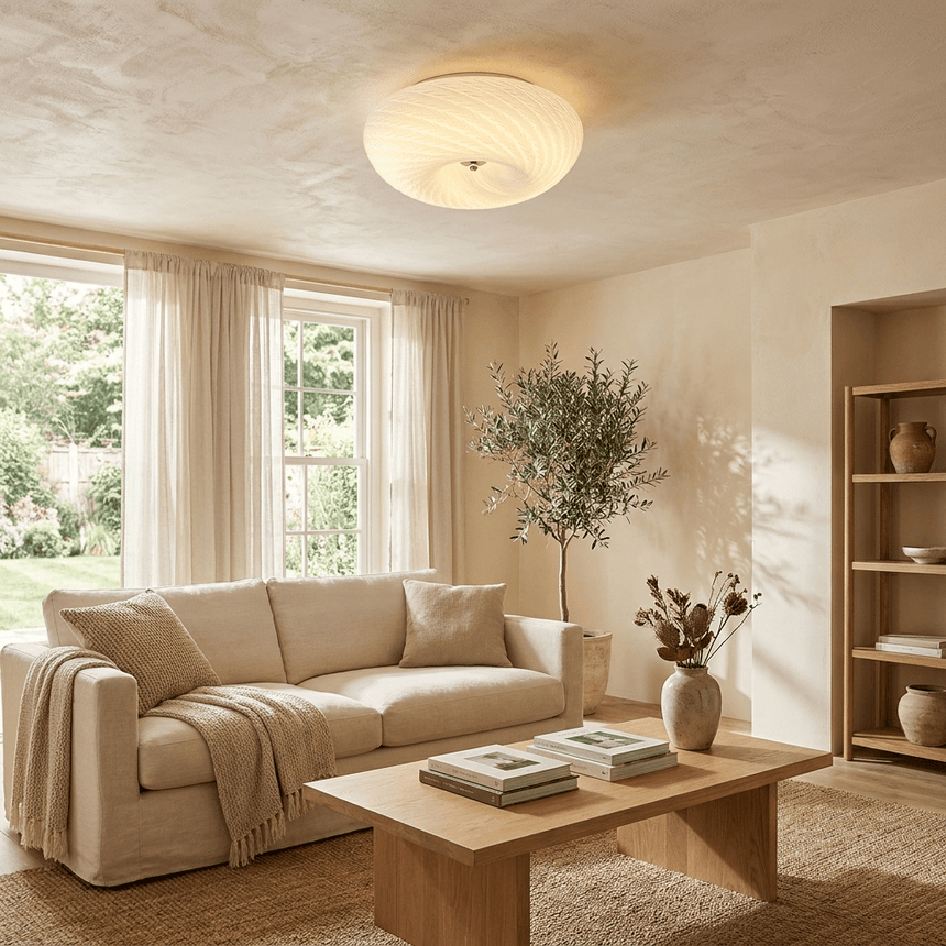 Swirled glass ceiling light in a living room with tall curtains and a sofa