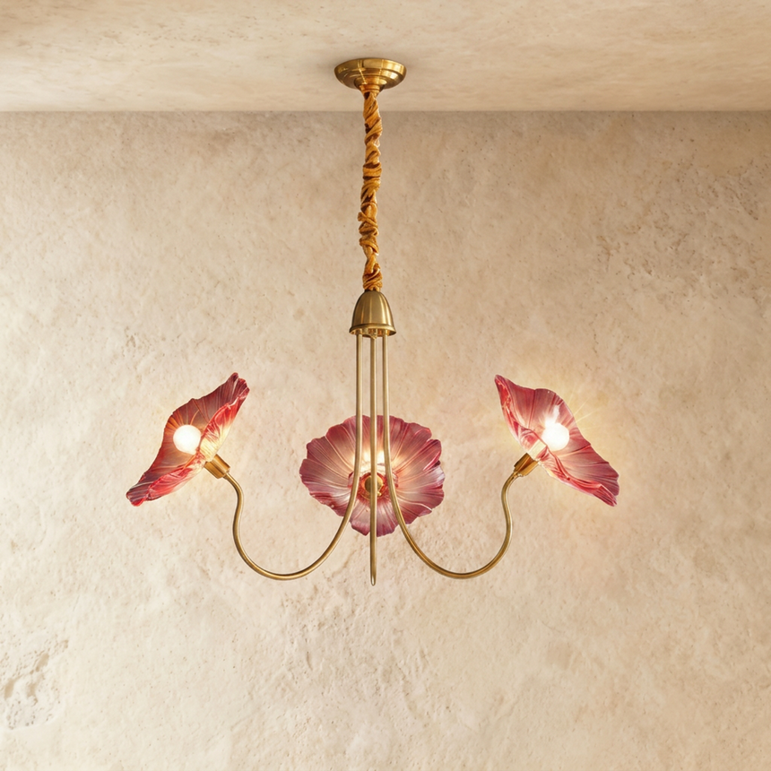The same three arm frame with red and pink blown glass poppy shades