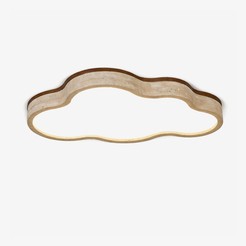 Cloud lamp ceiling mount with a yellow travertine rim and dark walnut edge on a plain background