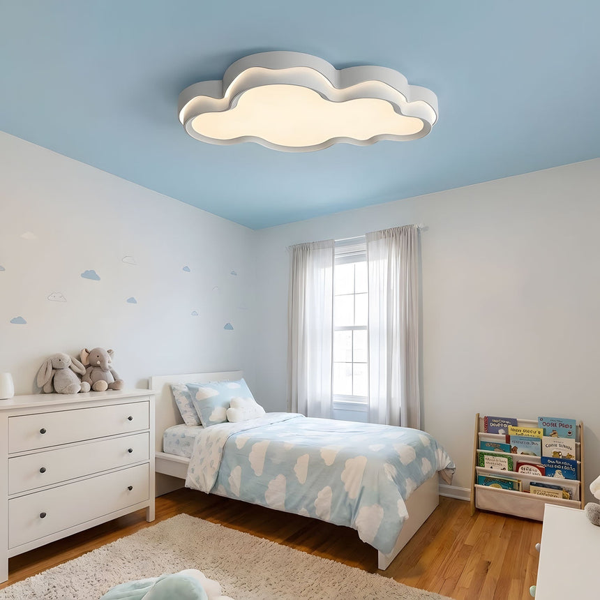 Cloud shaped ceiling light in a child's room with pale blue walls and cloud patterned wallpaper