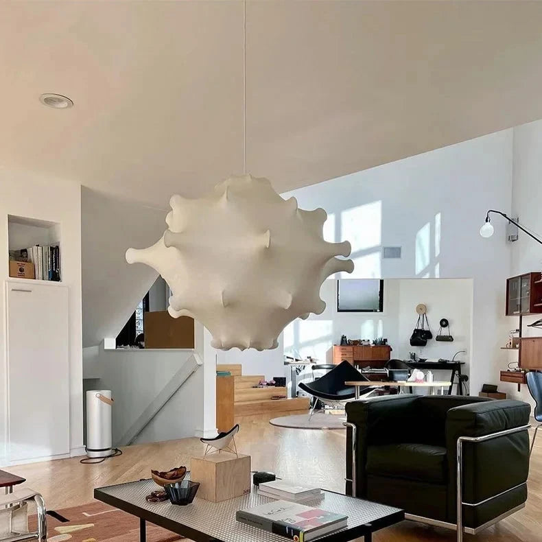 Cloud shade hung in a loft with pale walls