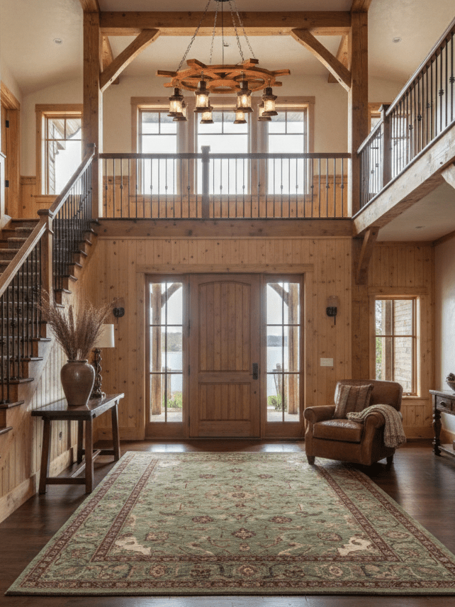 Chandelier lit in an entry hall above a rug and a console table