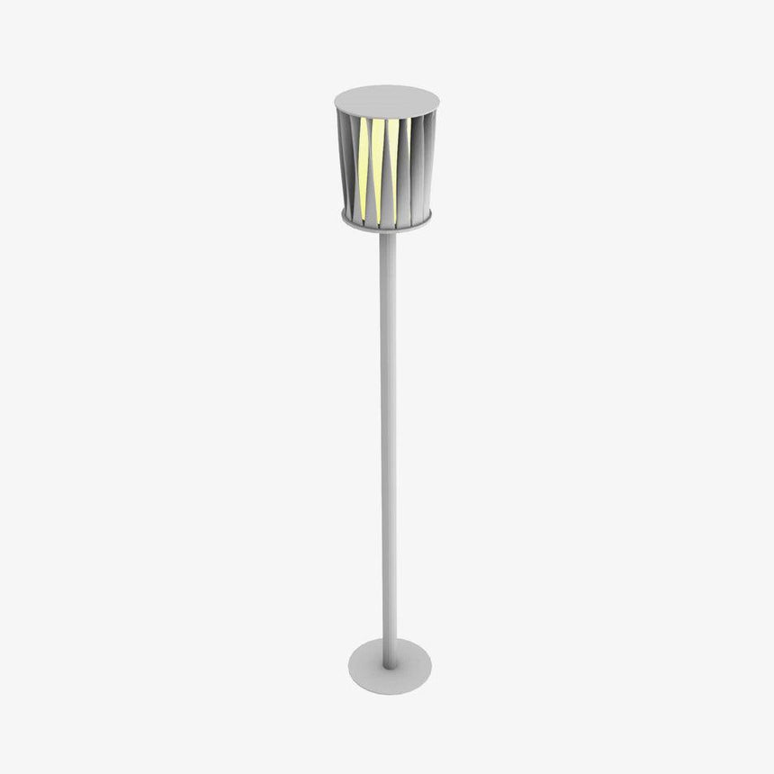 Tall white floor lamp with a slatted cylinder shade on a slim stem