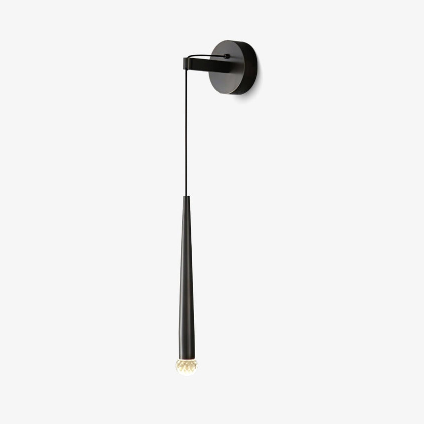 Slim black cone wall light hanging from a round wall plate, with a faceted crystal tip