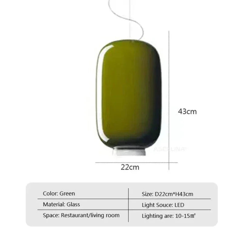 Tall green glass shade shown with its 22 by 43 cm dimensions