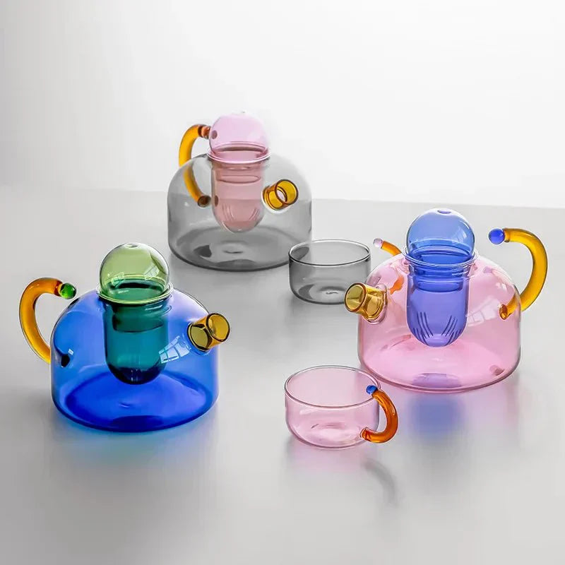 Glass Teapot Set With Contrasting Finish And Optional Mug With Built In Filter