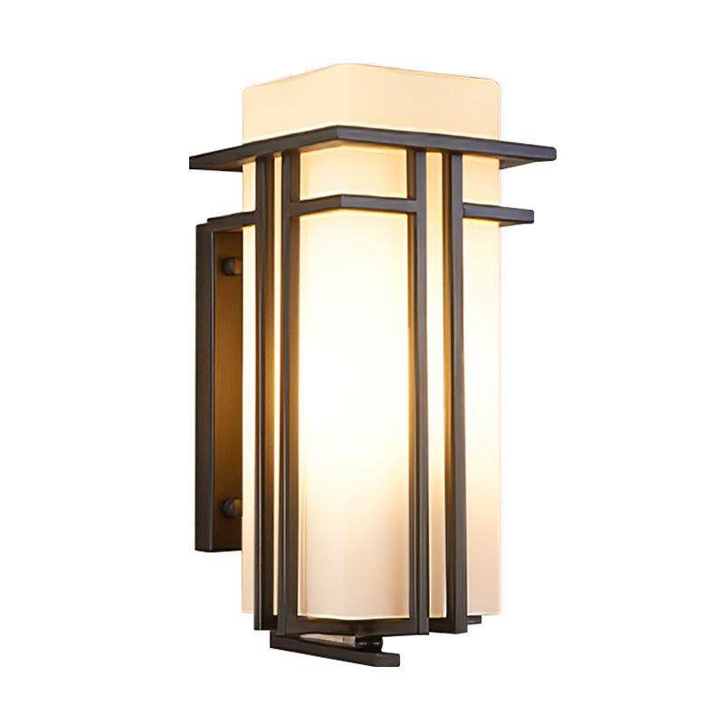 The stepped frame and flat cap of the lantern seen from a low angle