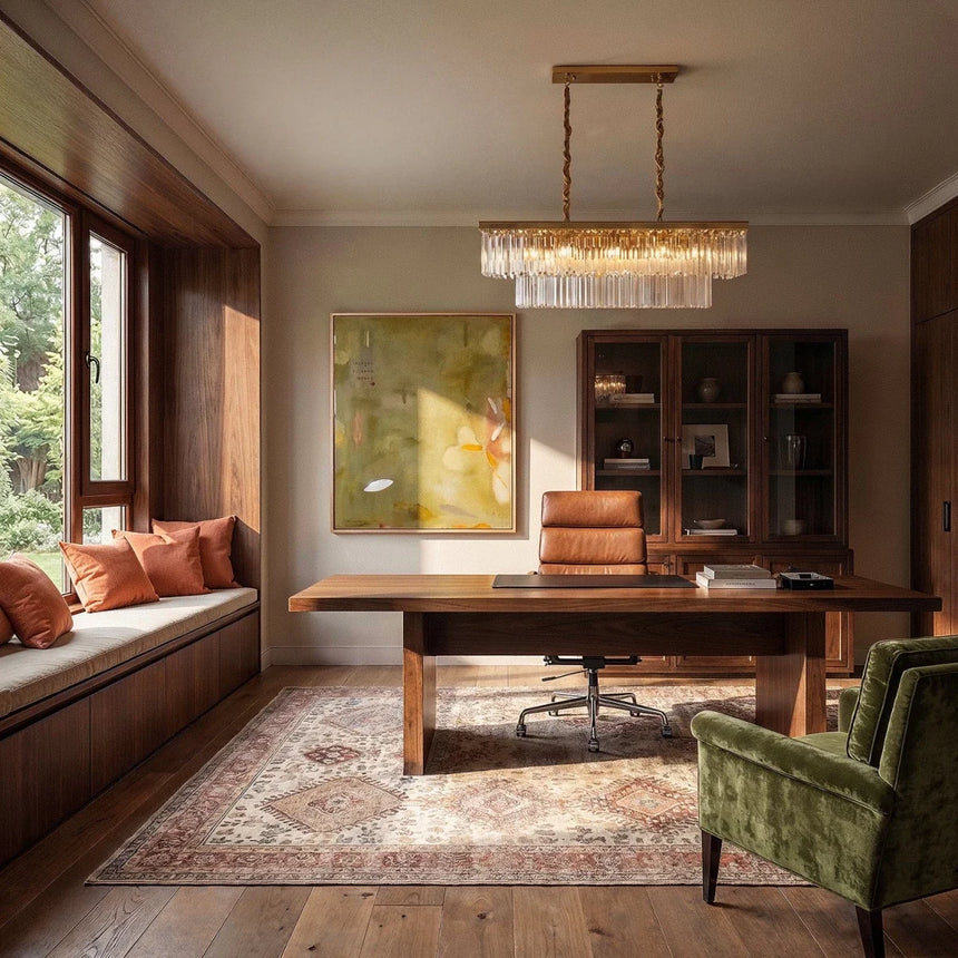 The gold linear version lit above a wooden desk beside a window seat and a rug